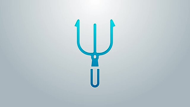 Blue line Neptune Trident icon isolated on grey background. 4K Video motion graphic animation