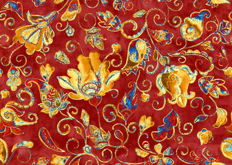 Fototapeta premium Paisley watercolor floral pattern tile: flowers, flores, tulips, leaves. Oriental indian traditional hand painted water color whimsical seamless print, ceramic design. Abstract india batik background