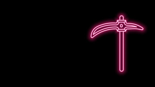 Glowing neon line Pickaxe icon isolated on black background. 4K Video motion graphic animation
