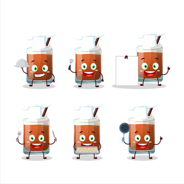 Cartoon character of root beer with ice cream with various chef emoticons