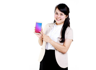 Happy young Asian office employee in elegant clothes using app on mobile phone against white background