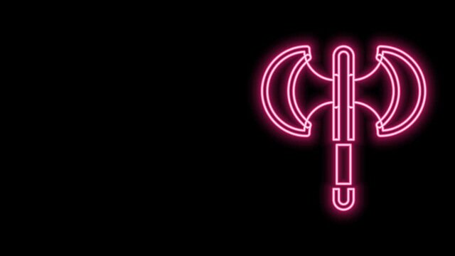 Glowing neon line Medieval poleaxe icon isolated on black background. 4K Video motion graphic animation