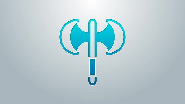 Blue line Medieval poleaxe icon isolated on grey background. 4K Video motion graphic animation