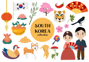 South Korea set of objects. Korean national collection of design elements with traditional symbols. Vector illustration clip art.