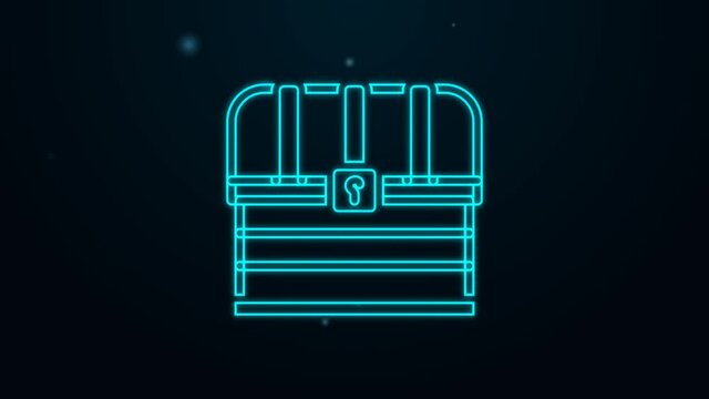 Glowing neon line Antique treasure chest icon isolated on black background. Vintage wooden chest with golden coin. 4K Video motion graphic animation