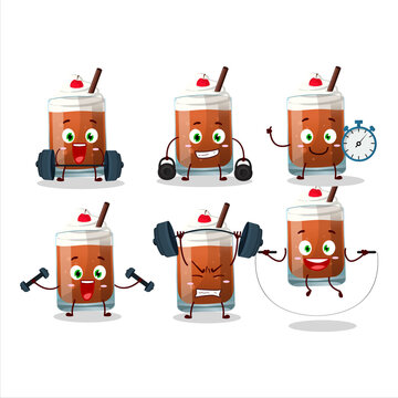 A healthy root beer with ice cream cartoon style trying some tools on Fitness center