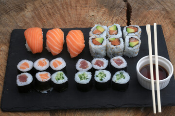 sushi variety prepared to eat as asian food