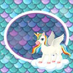 Oval frame template on green fish scales background with cute unicorn cartoon character