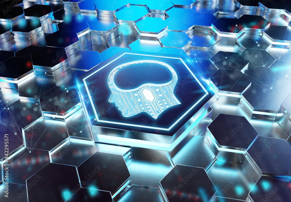 Fototapete brain icon concept engraved on metal hexagonal pedestral background. artificial intelligence symbol 