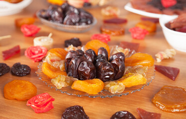 Beautiful and delicious dried fruits on the table.