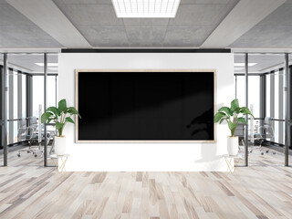 Panoramic frame Mockup hanging on office wall. Mock up of a large billboard in modern wooden company interior 3D rendering