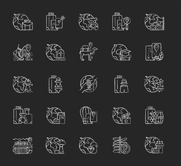 Types of travel chalk white icons set on dark background. No destination trip. Business and recreation journey. Tourism industry categories. Isolated vector chalkboard illustrations on black