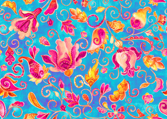 Paisley watercolor floral pattern tile:  flowers, flores, tulips, leaves. Oriental indian traditional hand painted water color whimsical seamless print, ceramic design. Abstract india batik background