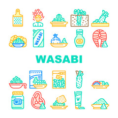 Fototapeta na wymiar Wasabi Japanese Spice Collection Icons Set Vector. Sushi And Snack With Wasabi, Meat And Fish With Asian Flavoring, Tube And Bottle Package Concept Linear Pictograms. Contour Color Illustrations