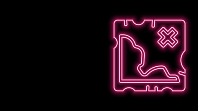 Glowing neon line Pirate treasure map icon isolated on black background. 4K Video motion graphic animation