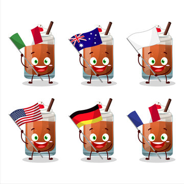 Root beer with ice cream cartoon character bring the flags of various countries