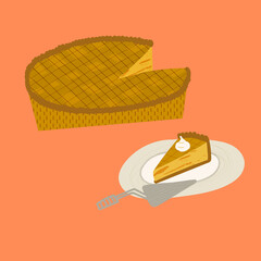 Hand drawn vector illustration of pumpkin or other pie. Cut pie with a slice a la mode with whipped cream or ice cream. Autumn concept. Abstract cartoon style isolated.