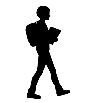 recommend clip art: Silhouette of a boy with a school backpack and a book in his hands going to school