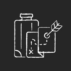 Saggitatourism chalk white icon on dark background. Dart mark on map to decide journey destination. Tourism type. Plan vacation. Travel industry. Isolated vector chalkboard illustration on black