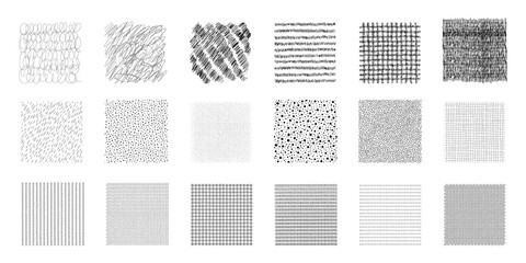 Set of black vector illustrations of abstract hand drawn square textures for backgrounds and design elements. Lines, dots, scribbles, waves, circles. Isolated on white background.