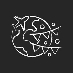 Event travel chalk white icon on dark background. International holiday trip. Recreational getaway to foreign country. Tourism industry category. Isolated vector chalkboard illustration on black