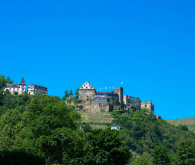 Fototapeta na wymiar Panoramic view from the historic Rheinfels Castle on the hill above the banks of the Rhine. Sankt Goar, Rhineland-Palatinate, Germany.