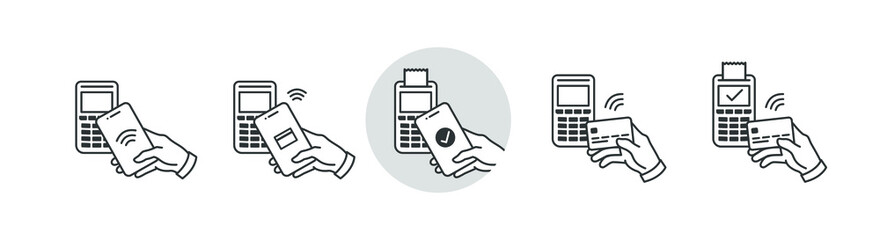 NFC wireless pay technology linear icon set. Contactless payment symbols. Hand holding smartphone and card next to the POS terminal. Isolated vector line illustrations on white background, EPS10