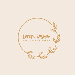 Hand-drawn wreath logo. Botanical label for packaging. Herbal wreath emblem wedding design.