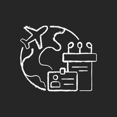 MICE tourism chalk white icon on dark background. Business trip. International flight for professional meeting. Global journey. Travel industry. Isolated vector chalkboard illustration on black
