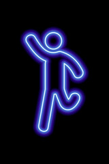 Neon blue silhouette of a running man who waves his hand