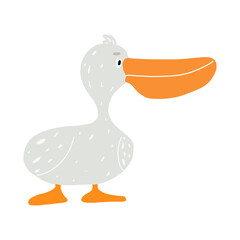 Cartoon Pelican Hand drawn vector illustration of a cute funny character. Isolated objects. minimalistic style flat design. Concept for children print.