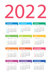 2022 year calendar - vector Illustration. Week starts on Sunday