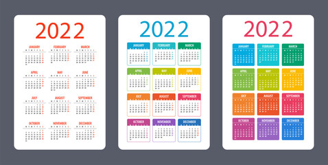 Calendar set 2022 - illustration. Week starts on Monday