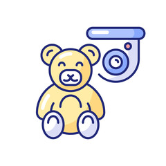 Keeping kids safely with security camera RGB color icon. Isolated vector illustration. Alerting about suspicious activity. Children protection with video surveillance simple filled line drawing