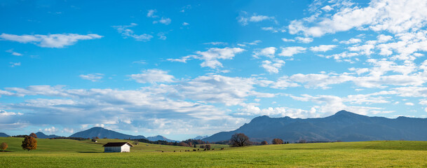 rural landscape with green pasture and alps view, clouds sky. Upper bavaria near Riegsee