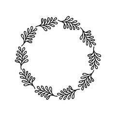 Hand-drawn wreath on white background. Black plant doodle wreath.