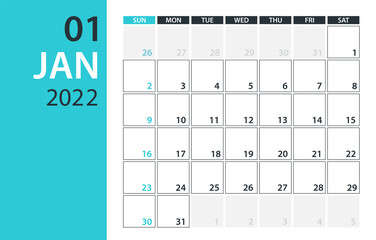 January 2022 Calendar Planner - vector illustration. Template. Mock up.