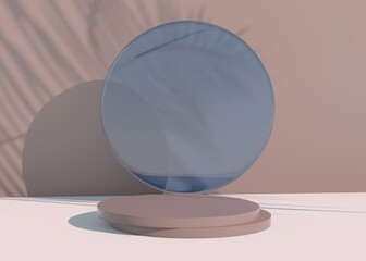 Podium with palm leaves shadows for cosmetic product presentation. Empty showcase pedestal backdrop mock up. 3d render.