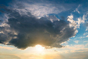 Panoramic view of beautiful thunderclouds. Dramatic dark blue sky background. Rainy weather.