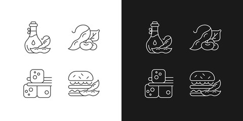 Soybeans cooking linear icons set for dark and light mode. Vegeterin lifestyle. Tofu cubes preparation. Customizable thin line symbols. Isolated vector outline illustrations. Editable stroke