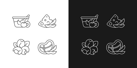 Soy ingredients linear icons set for dark and light mode. Organic vegetables in meal. Soybean cooking options. Customizable thin line symbols. Isolated vector outline illustrations. Editable stroke
