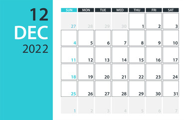 December 2022 Calendar Planner - vector illustration. Template. Mock up.