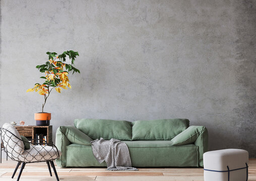 Living room interior in loft apartment, rustic style, 3d render