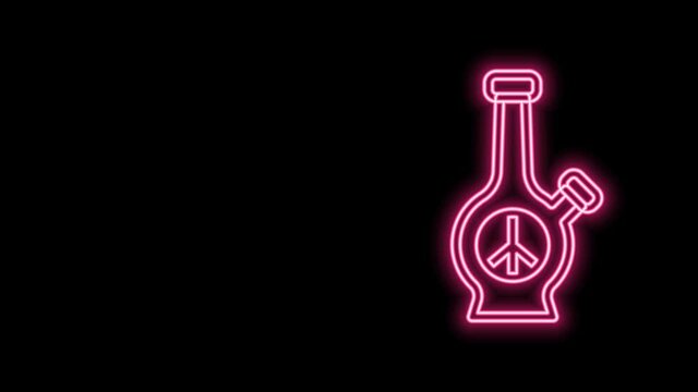 Glowing neon line Glass bong for smoking marijuana or cannabis icon isolated on black background. 4K Video motion graphic animation
