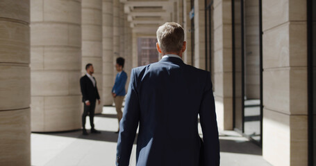 Back view of confident businessman walking outside office