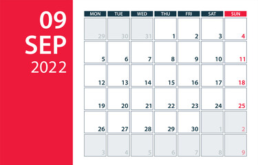 September 2022 Calendar Planner - vector illustration. Template. Mock up.