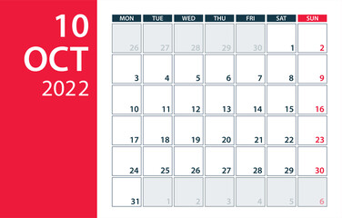 October 2022 Calendar Planner - vector illustration. Template. Mock up.