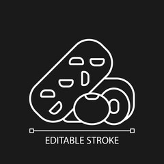 Tempeh white linear icon for dark theme. Soy beans preparing options. Vegeterian meals cooking. Thin line customizable illustration. Isolated vector contour symbol for night mode. Editable stroke
