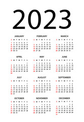 Calendar 2023 - illustration. Week starts on Sunday. Calendar Set for 2022 year