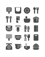 Kitchen equipment icon set. Utensil and cookware for cooking. Cast iron pan, steamer pot, ice cream scoop, knife, and more. Vector illustration, solid style, pixel perfect 48x48.  